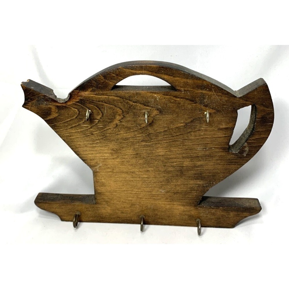 Wood Teapot Shaped Hanging Key Holder Hooks Wall Decor Cottagecore Tea Vintage
